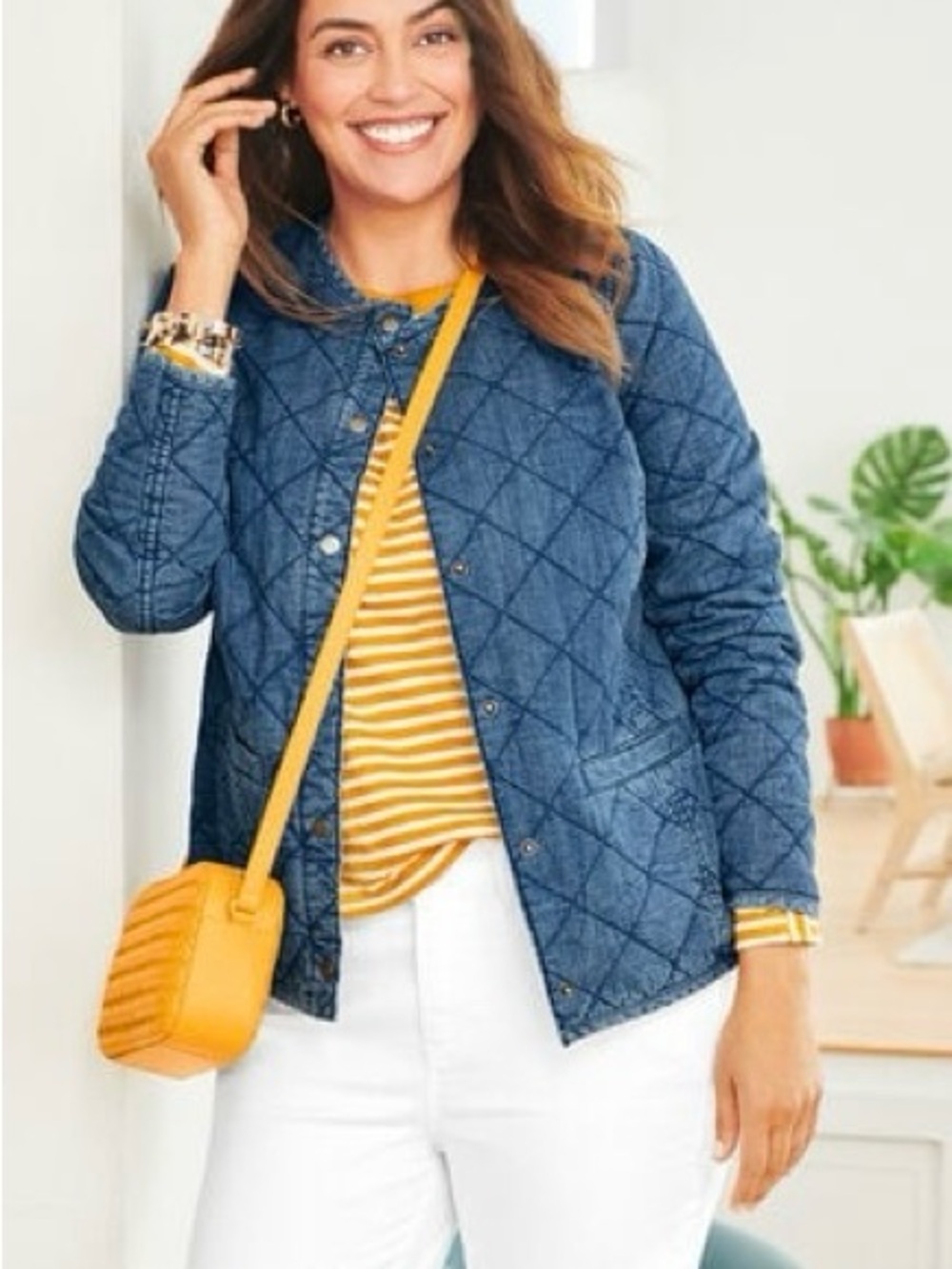 Talbots Collarless Quilted Denim Jacket